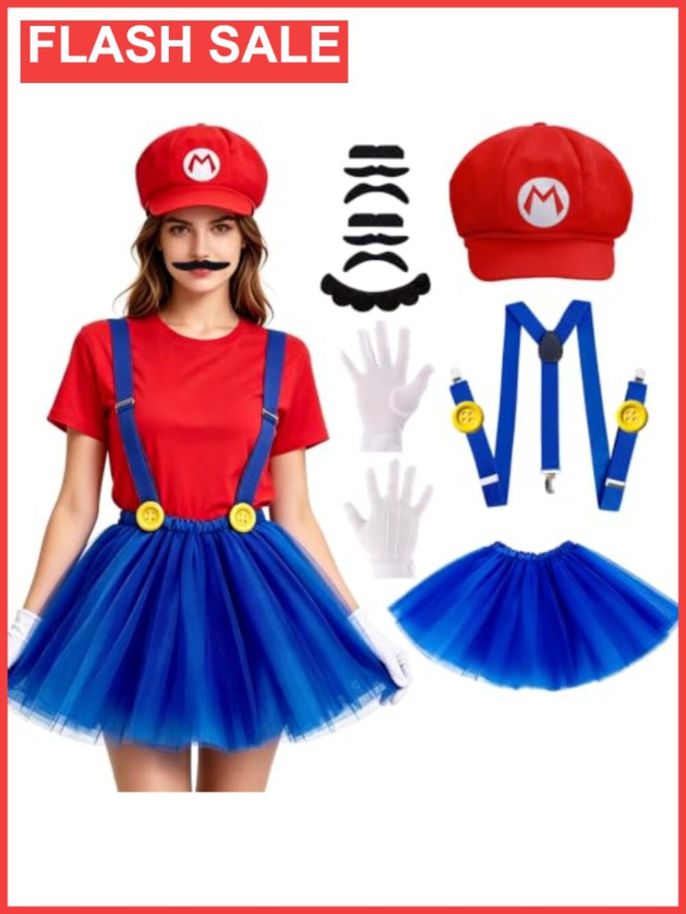 6 PC Halloween Costume Accessory Set Polyester Hat Suspenders Mustache Tutu